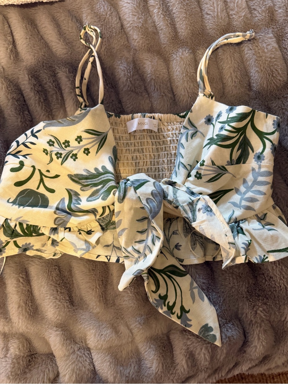 Mango Floral Tie-Front Tank Top in Cream, Green & Blue
